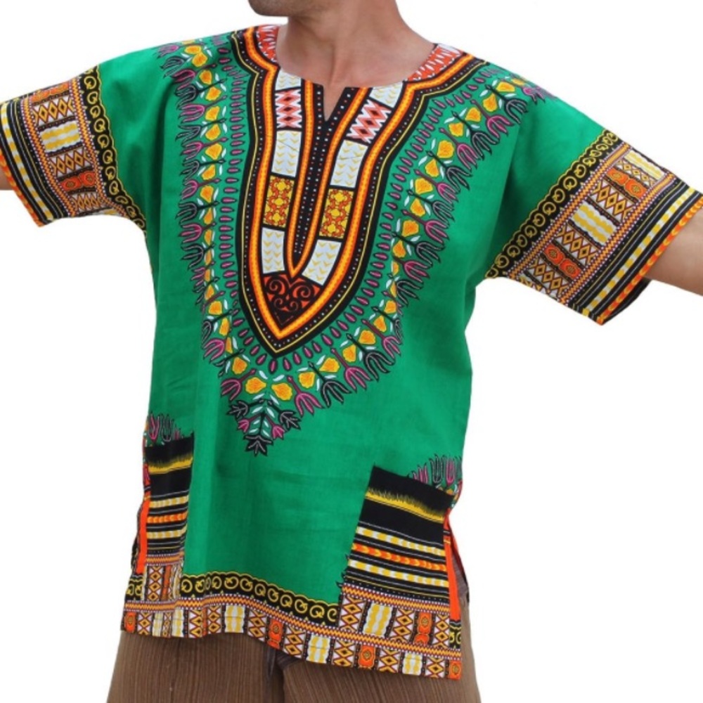 Dashiki Shirt African Print Large Green Short Sleeves Unisex top Festival